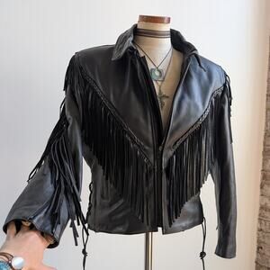 Vintage Black Leather Biker Jacket Fringe Sexy Moto Cowgirl Western Coat Small